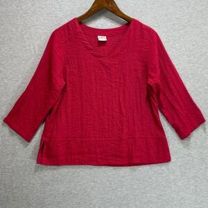 CMC V-Neck Blouse Womens L Red 3/4 Sleeve Textured Rayon Blend Lagenlook